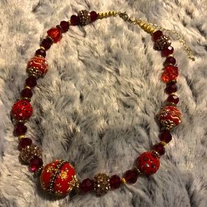Mixed Red Faceted Glass, Metal, & Pottery Necklace